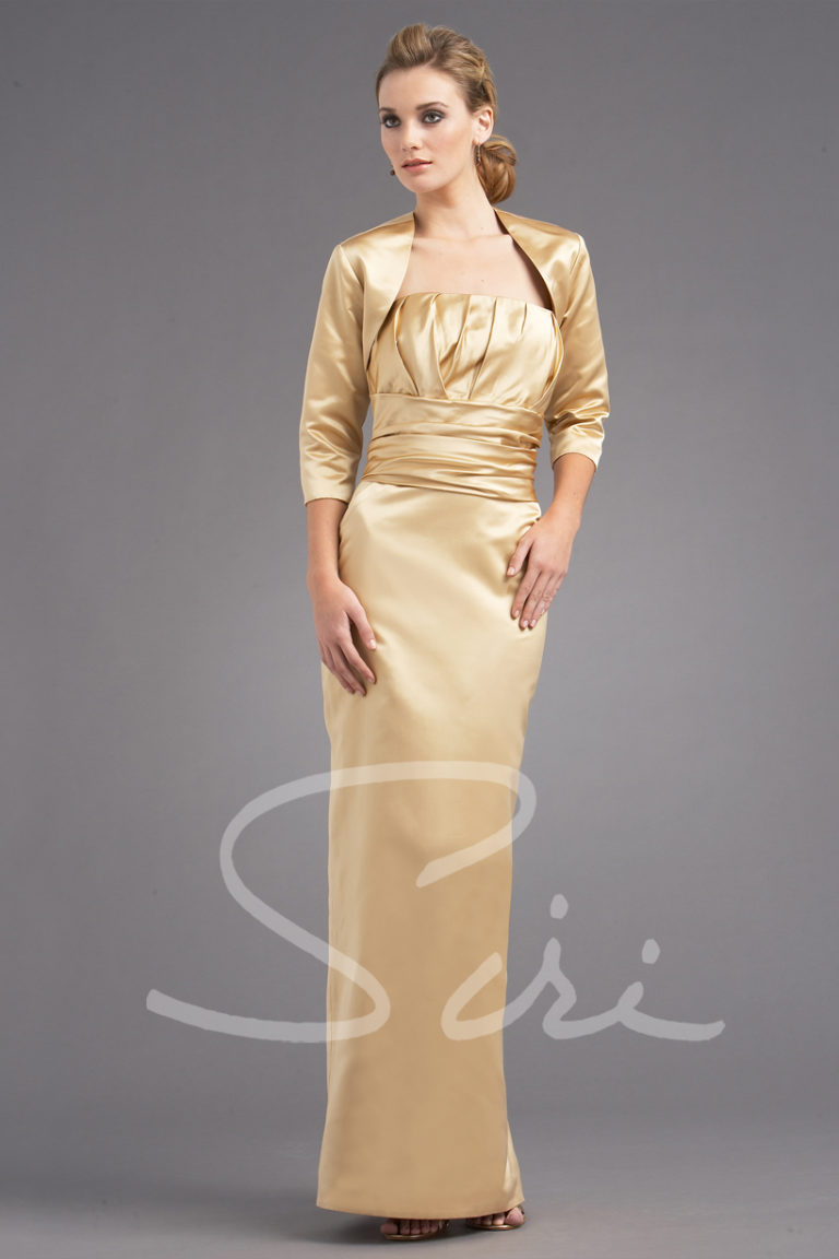 gold column gown with jacket for black tie