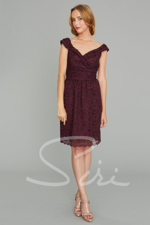 Lace dress; wine color dress; portrait neckline dress