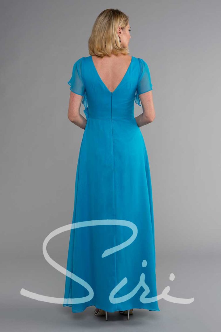 blue chiffon gown with short sleeve