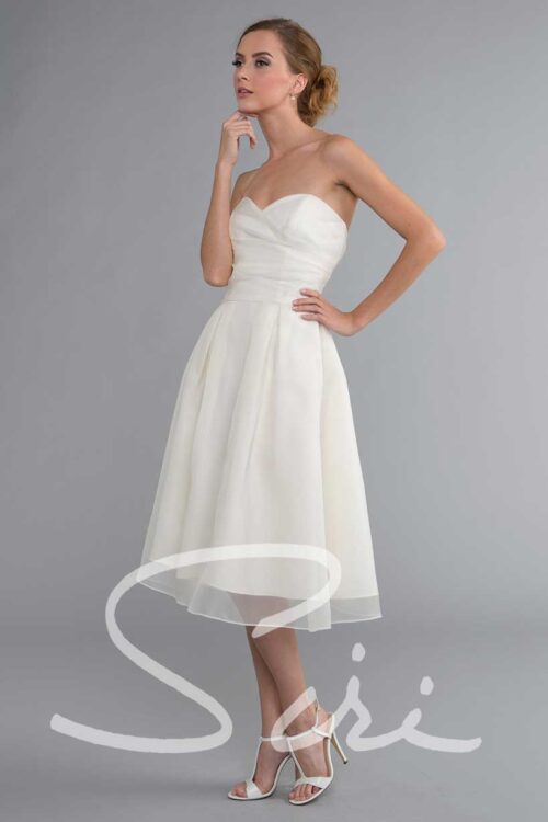 Strapless tea length bridal dress