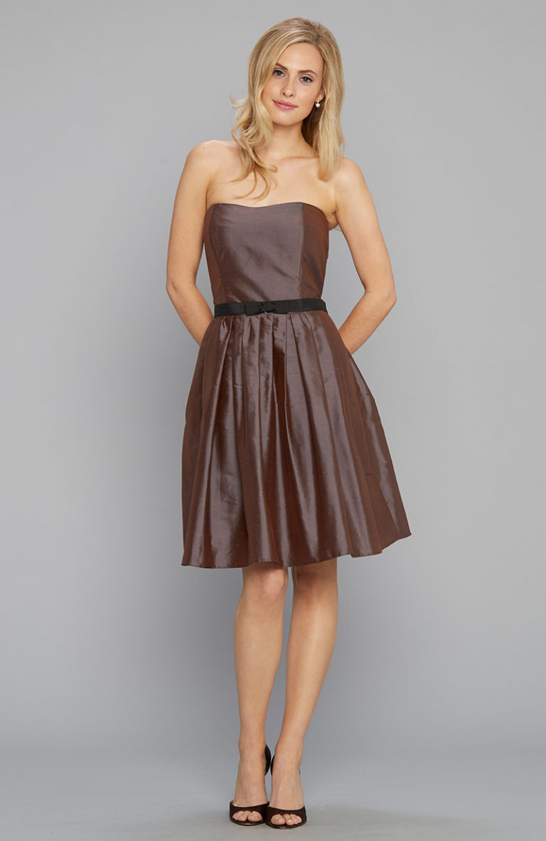 Strapless party dress in silk shantung chocolate and black belt