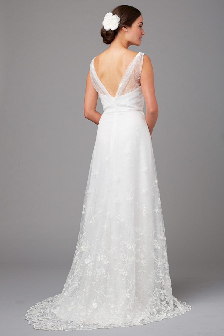 Embroidered mesh tulle bridal gown with shoulders