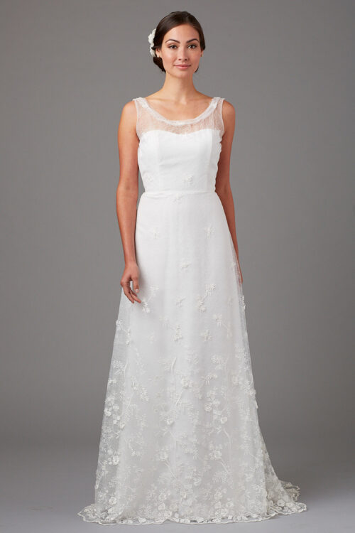 Embroidered mesh tulle bridal gown with shoulders