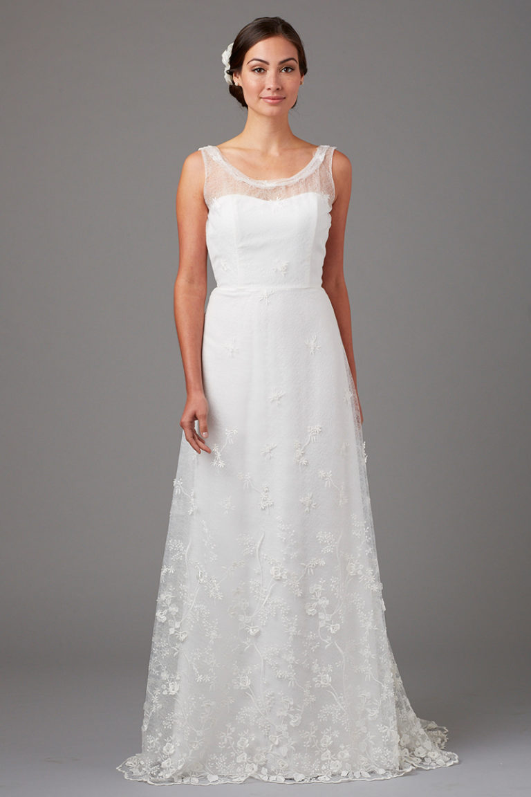 Embroidered mesh tulle bridal gown with shoulders