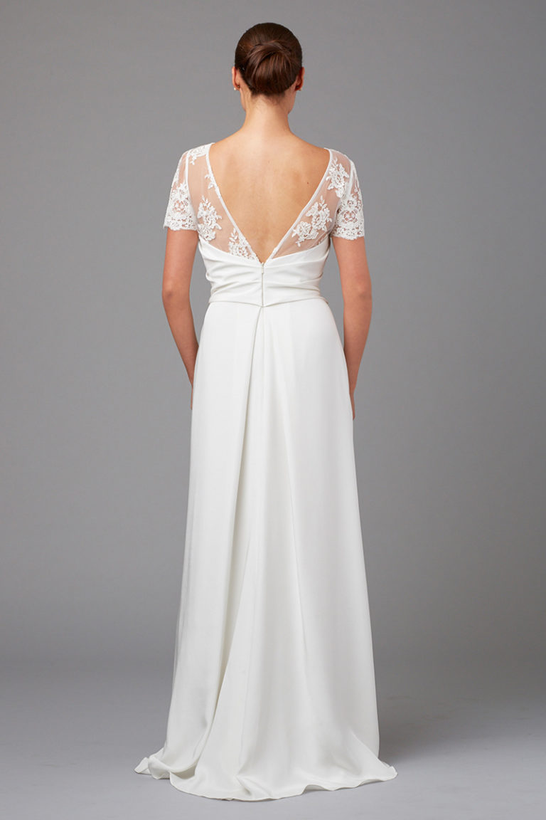 Silk crepe bridal gown with lace