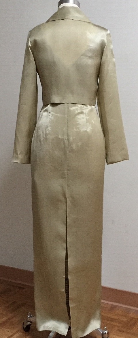 Sage jacket over sheath gown for mother of the bride