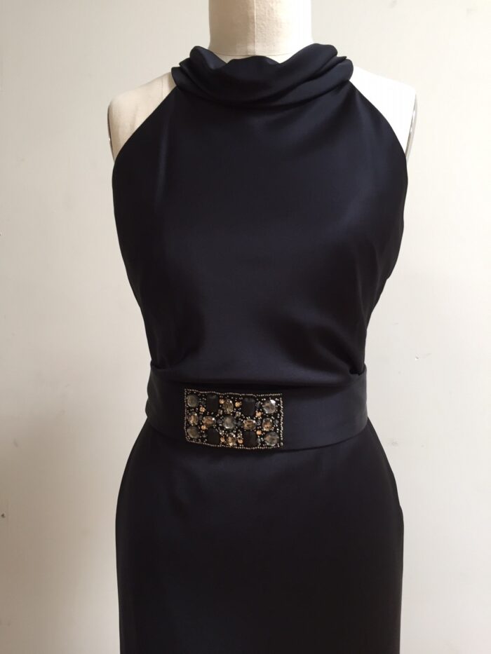Navy gown with beaded belt