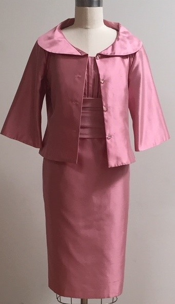pink fitted special occasion dress and jacket