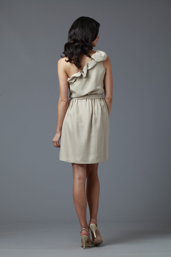 beige one shoulder dress for outdoor party