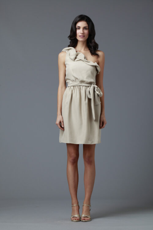 beige one shoulder dress for outdoor party