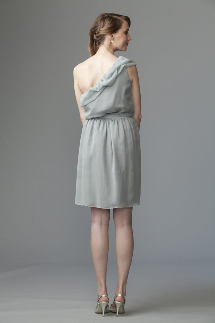 silver chiffon one shoulder dress for outdoor party
