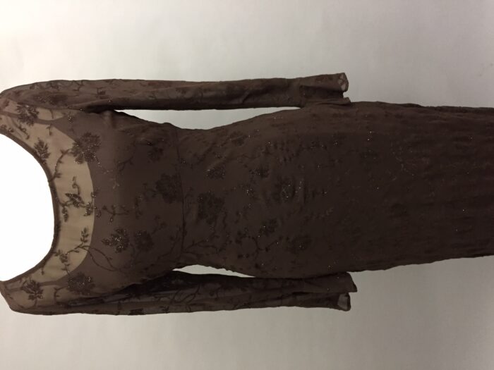chocolate silk chiffon gown with sleeves