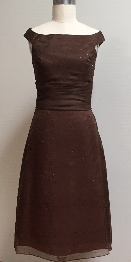 chocolate beaded silk off the shoulder dress