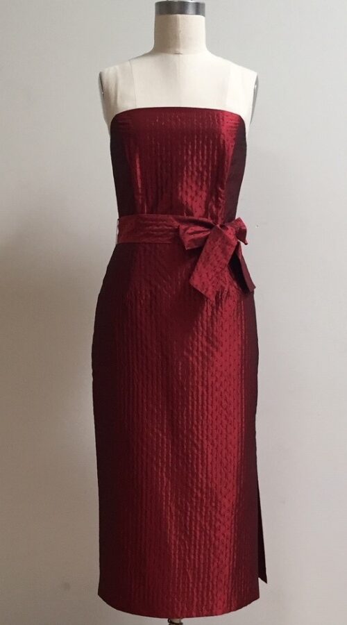 strapless fitted dark red cocktail dress