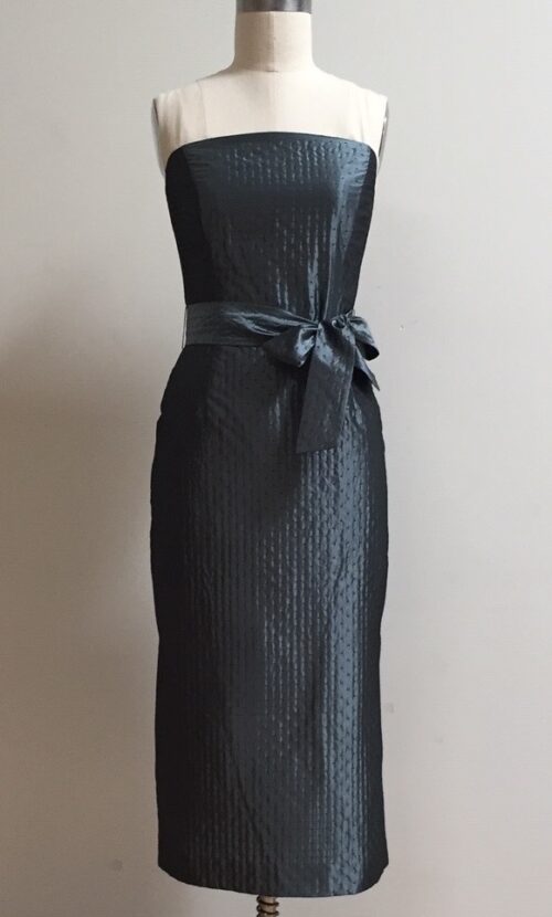 strapless fitted dark blue cocktail dress