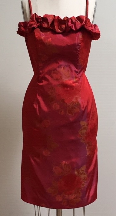 red floral silk cocktail dress