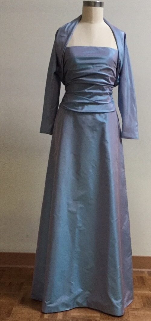 Blue strapless ball gown & shrug