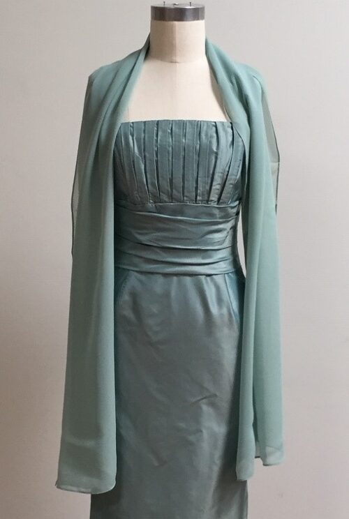 Aqua strapless silk dress with shawl
