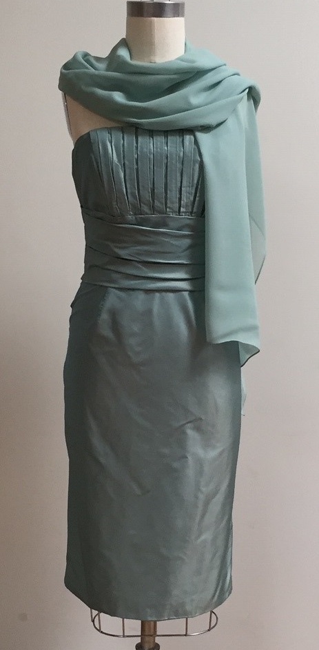Aqua strapless silk dress with shawl